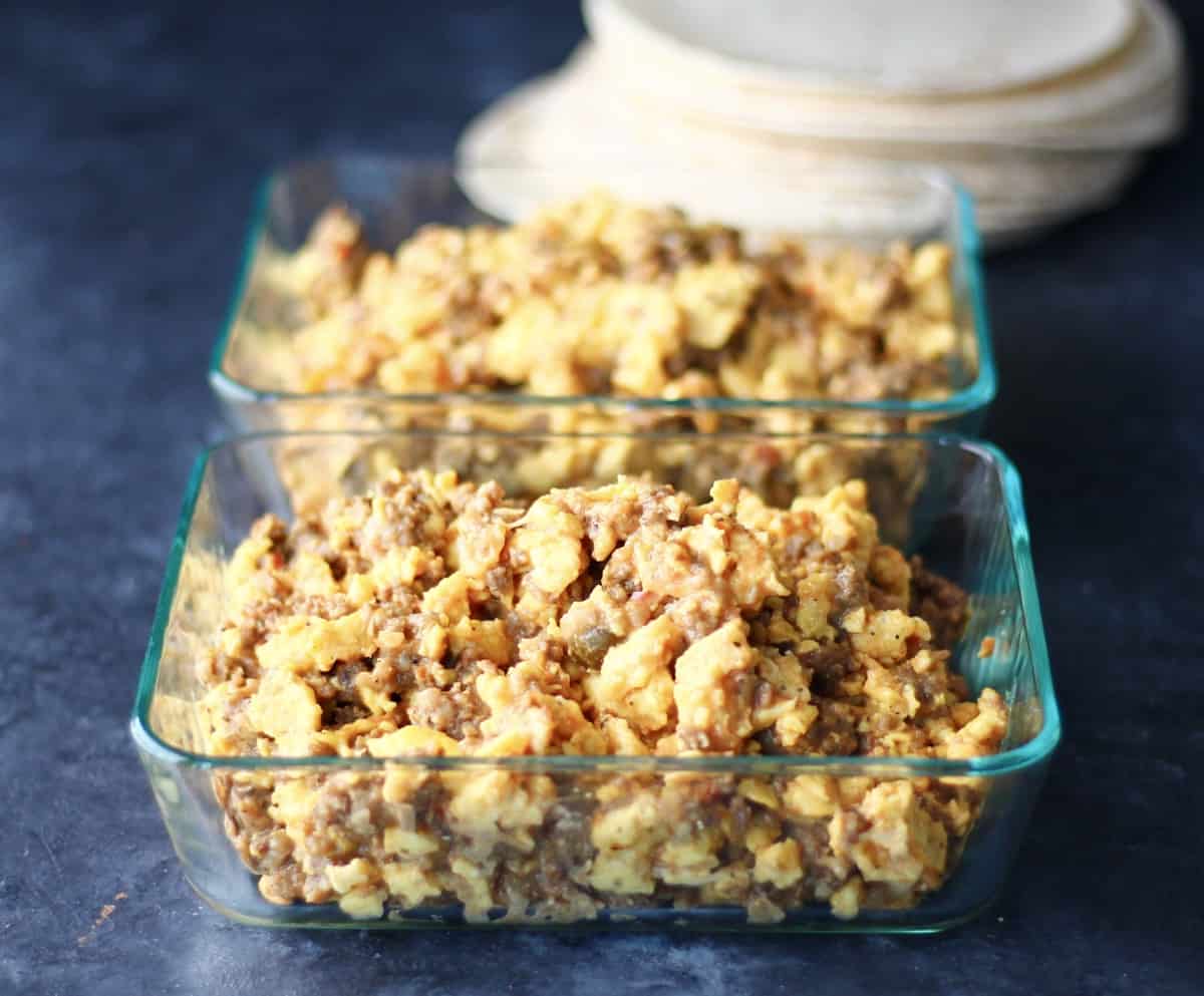 Breakfast burrito filling in 2 glass pyrex dishes