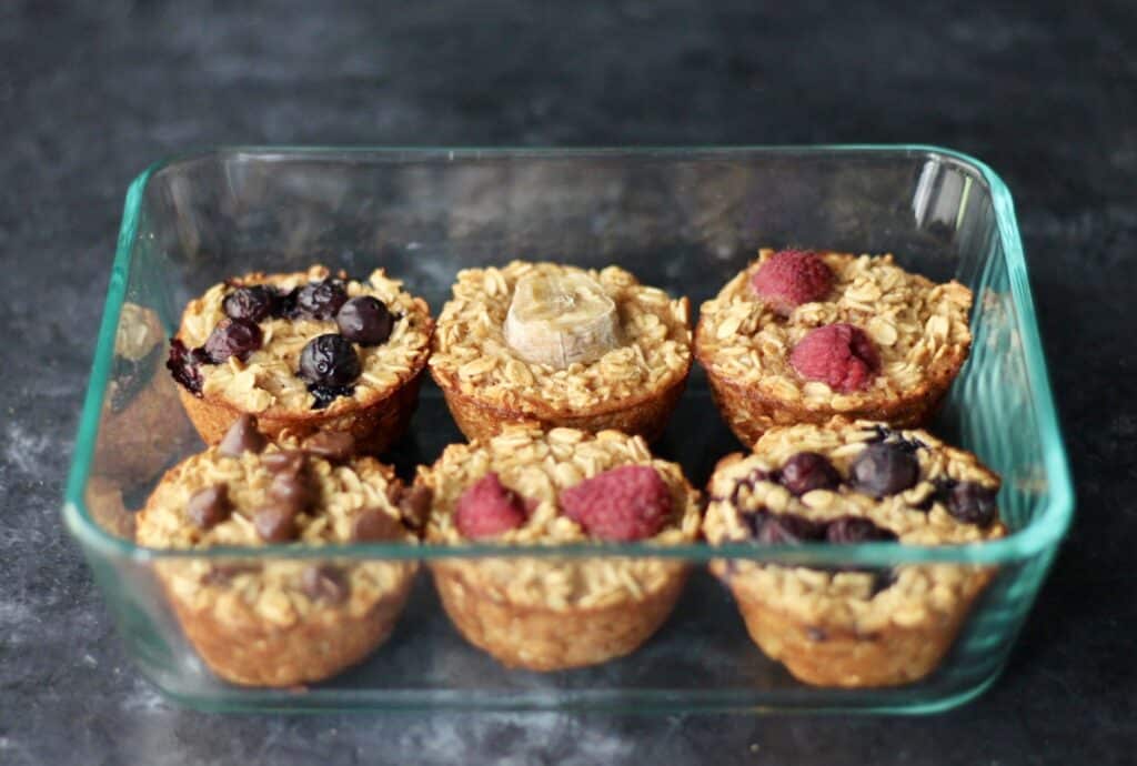 baked oatmeal in a glass container.