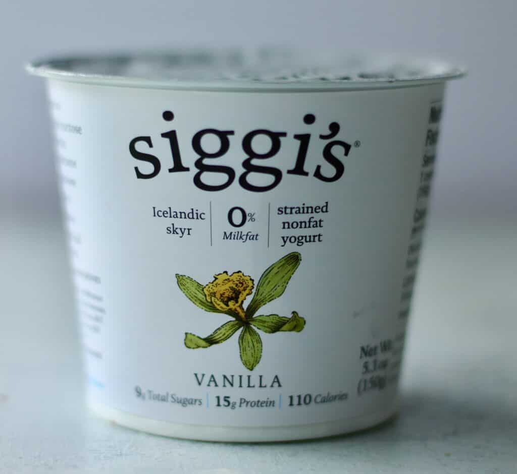 Container of vanilla siggi's greek yogurt