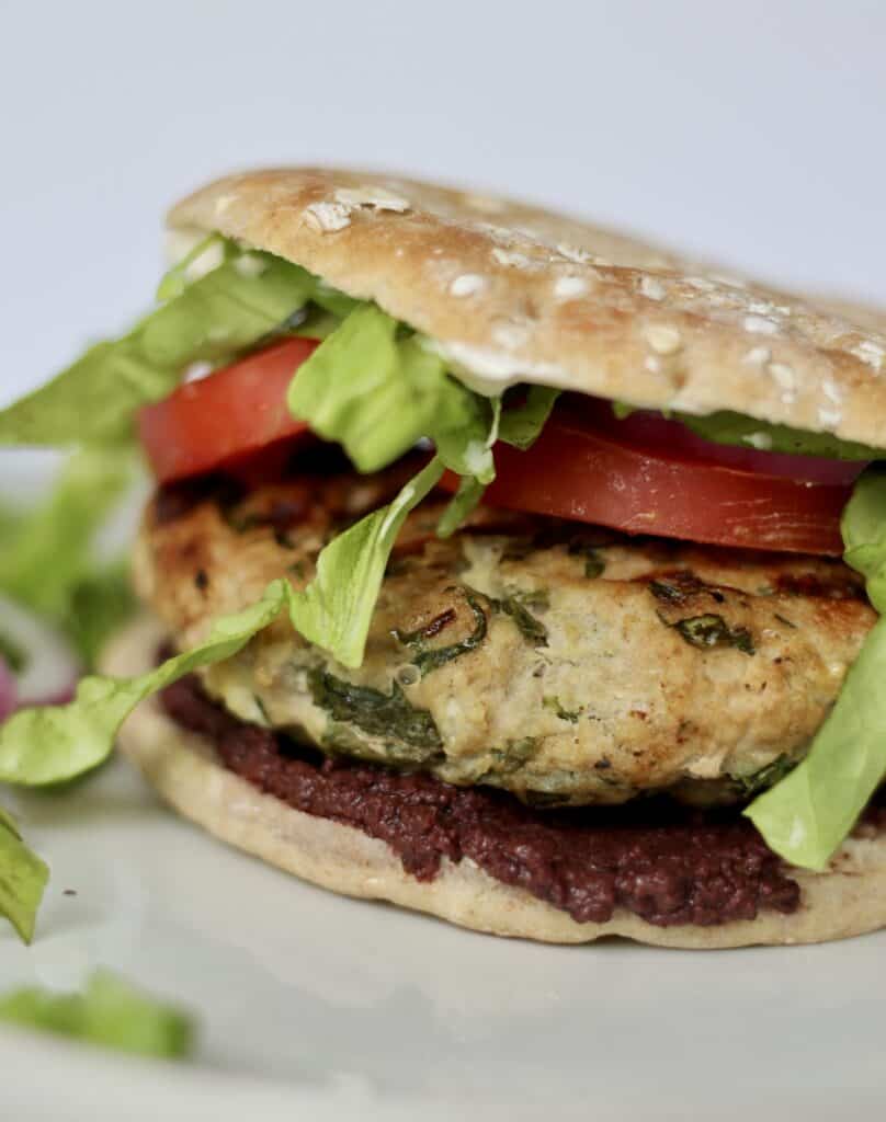 Close up of a greek burger made with turkey meat