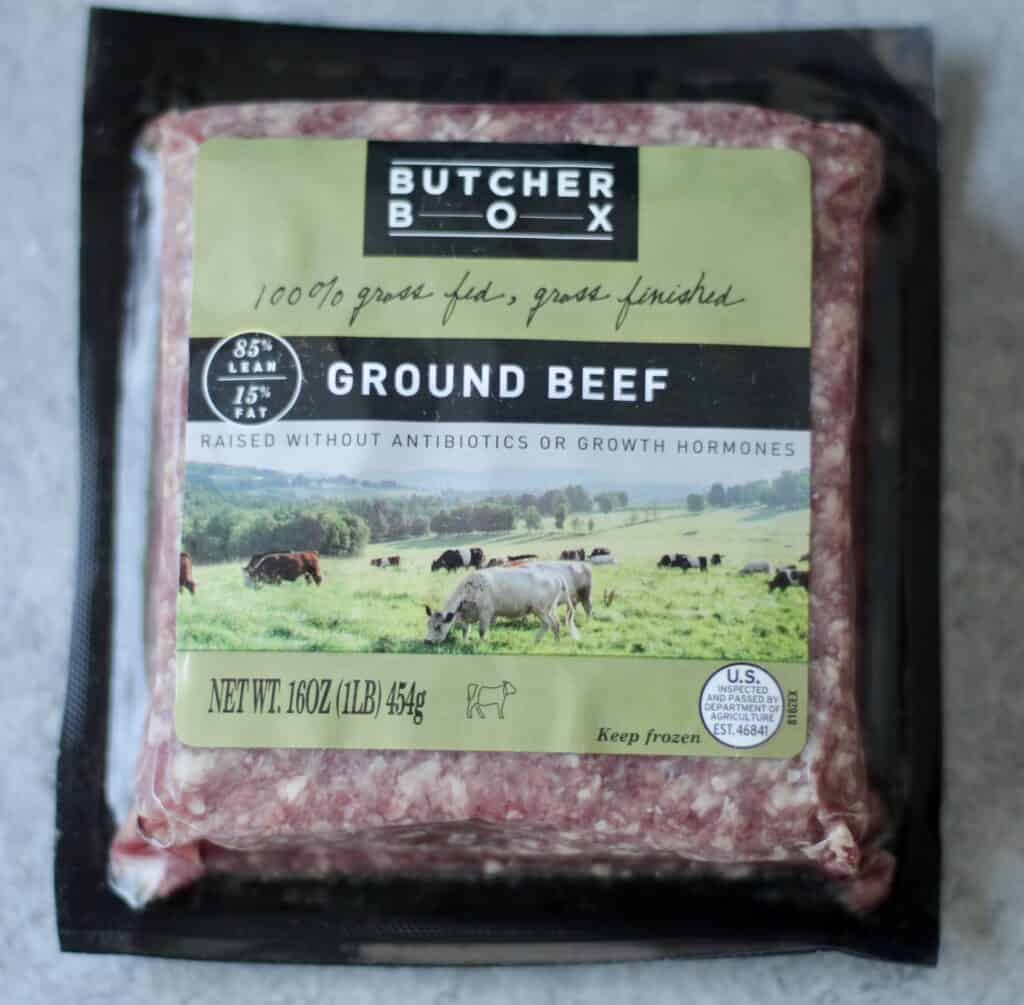 Package of grass fed ground beef from butcher box