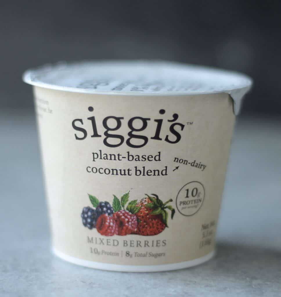 Container of Siggi's coconut blend yogurt