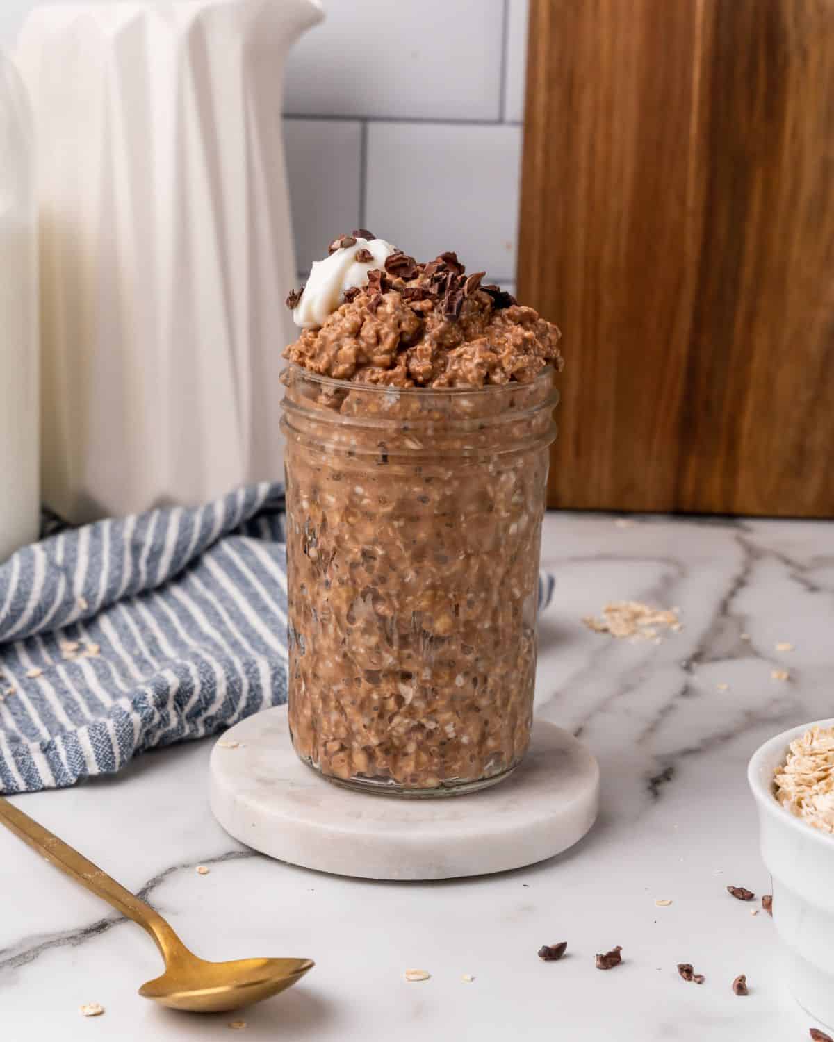 chocolate overnight oats in a mason jar
