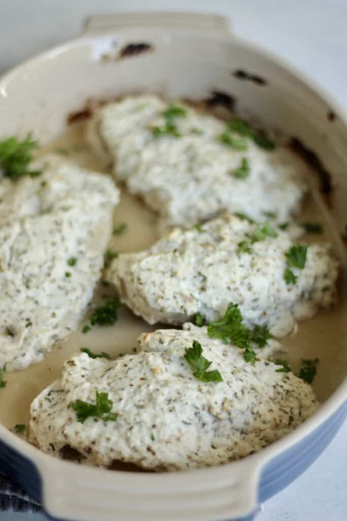 baked chicken with yogurt in dish