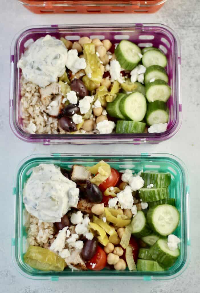 Greek chicken bowls with tzatziki, rice, cucumbers and chickpeas