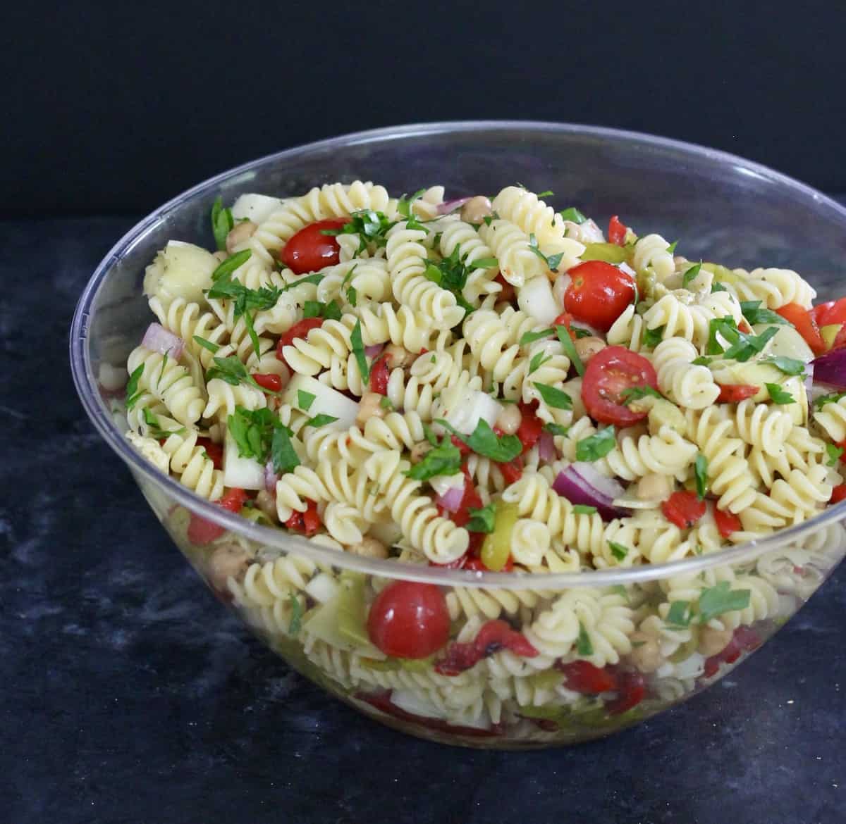 vegan pasta salad in a large bowl