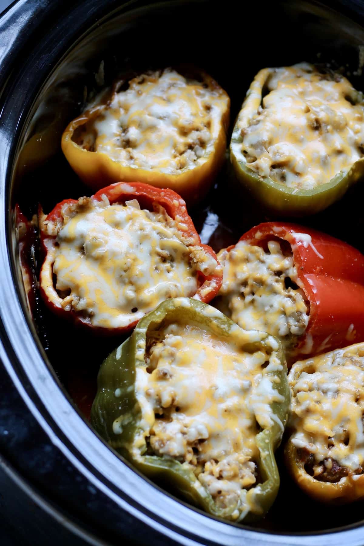 cooked stuffed bell peppers in the crockpot