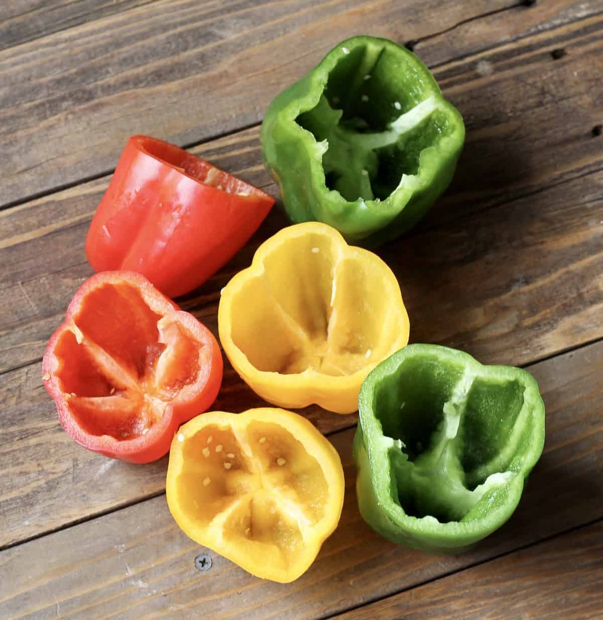 raw bell peppers washed, cut and deseeded