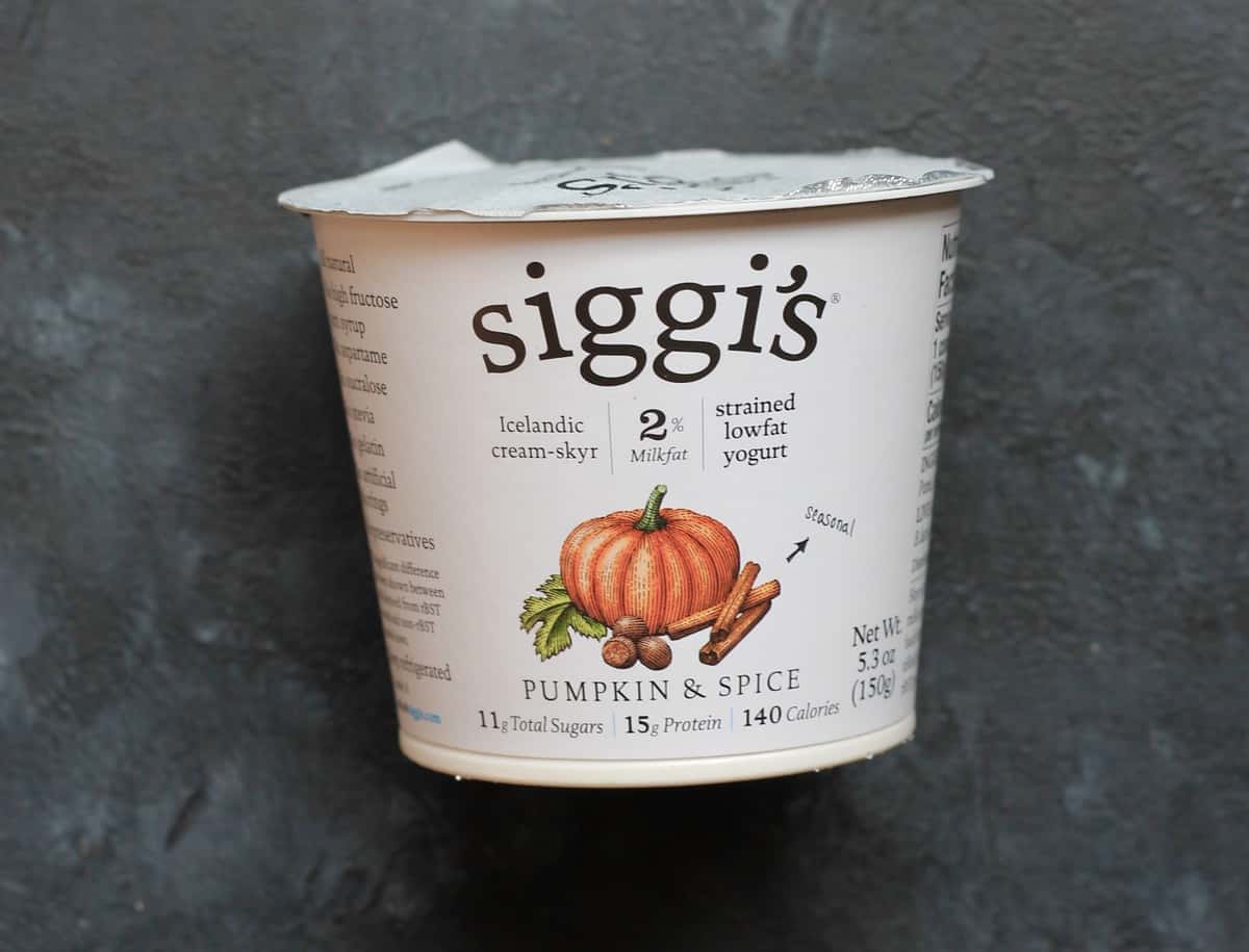 a container of siggi's pumpkin and spice greek yogurt