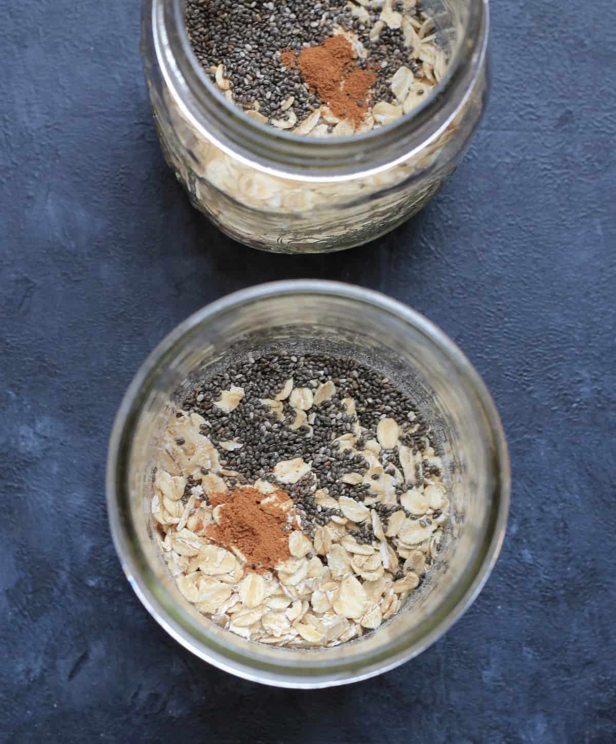 rolled oats, chia, seeds, and rolled oats in a mason jar