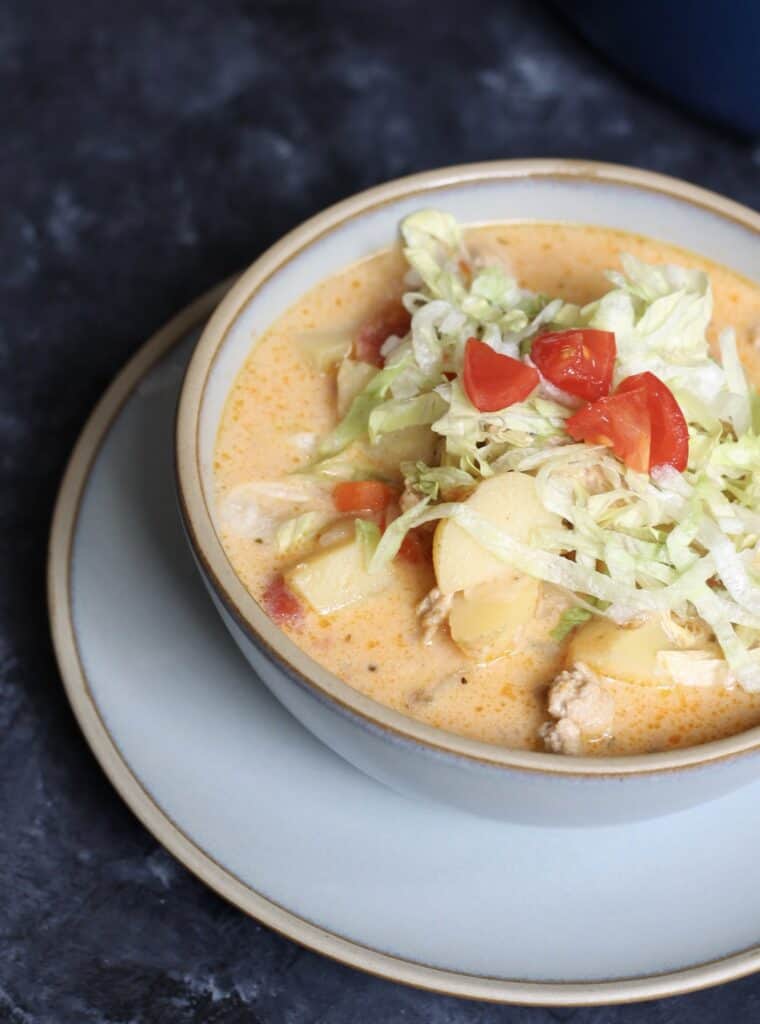 cheeseburger soup in a bowl