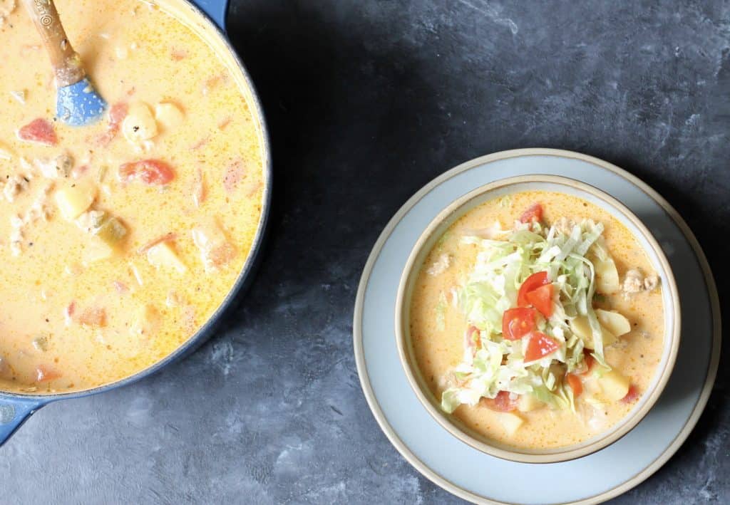 cheeseburger soup in a bowl