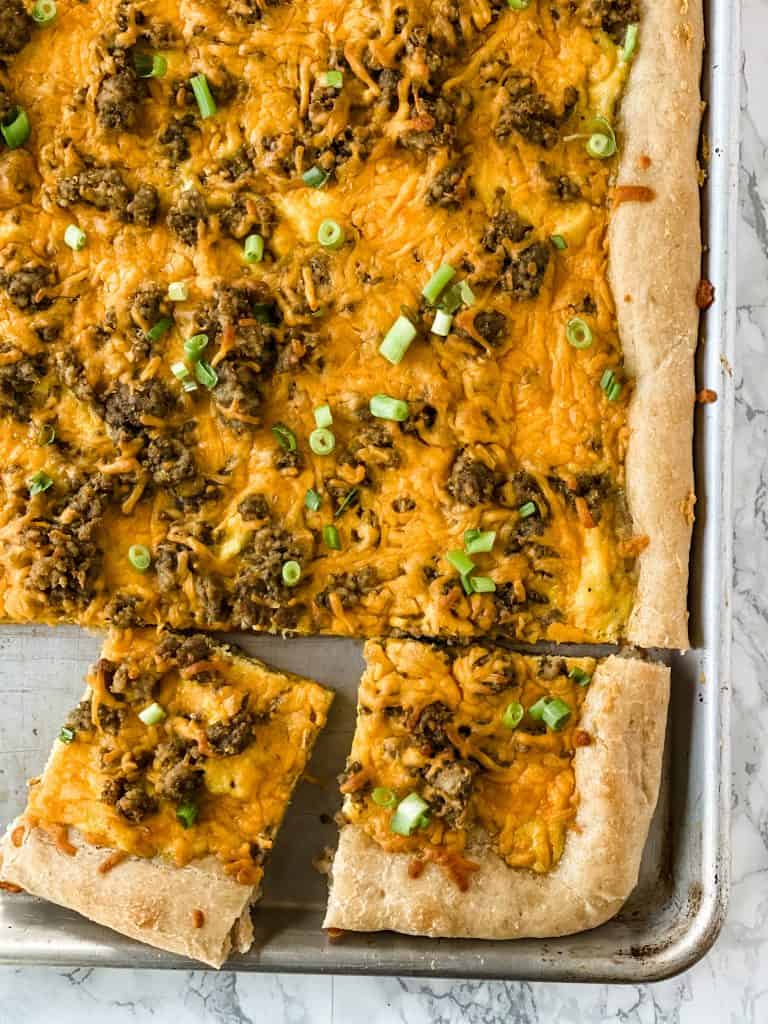 healthy breakfast pizza cooked in a sheet pan