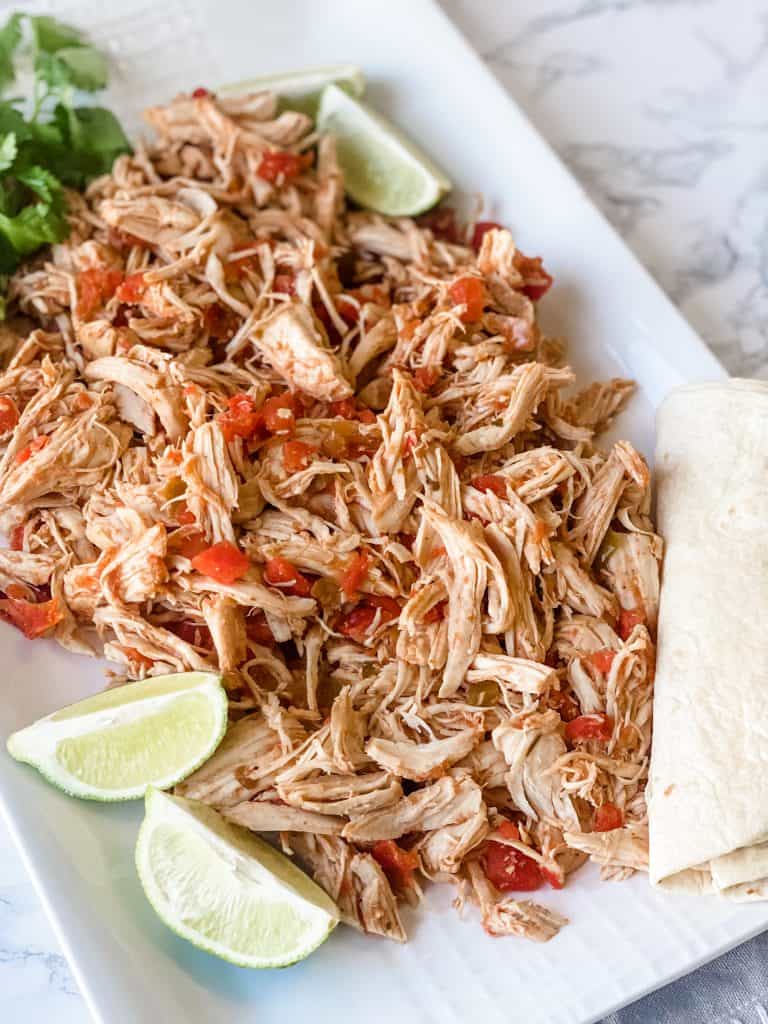 Slow Cooker Salsa Chicken on a white platter