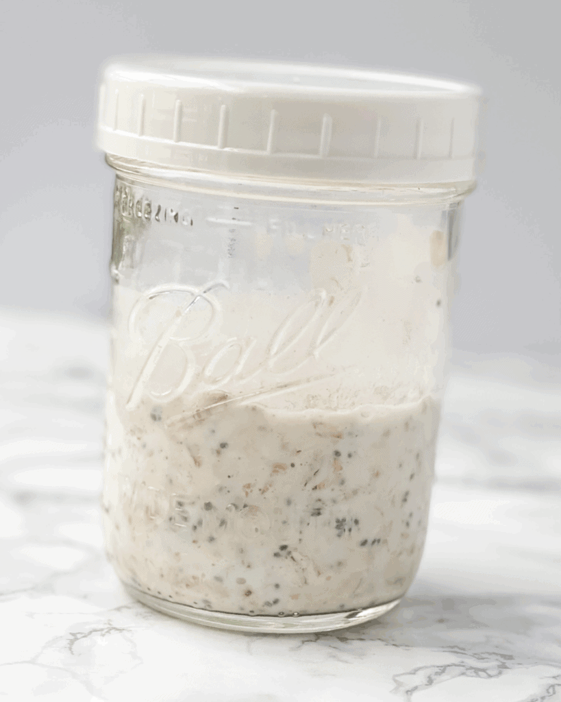 vanilla overnight oats in jar with lid.