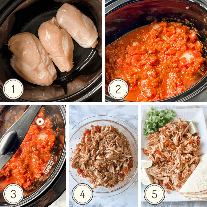 step by step photo collage on how to make slow cooker salsa chicken.