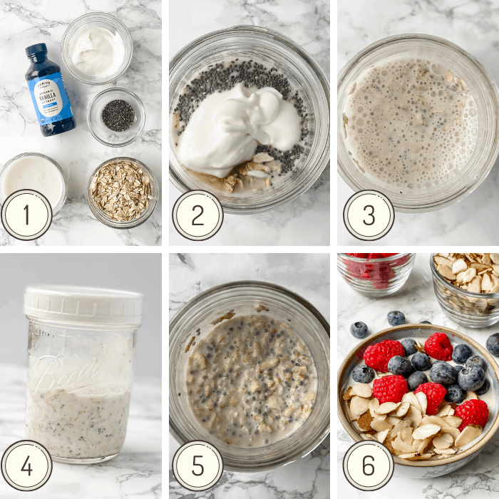collage showing how to make vanilla overnight oats