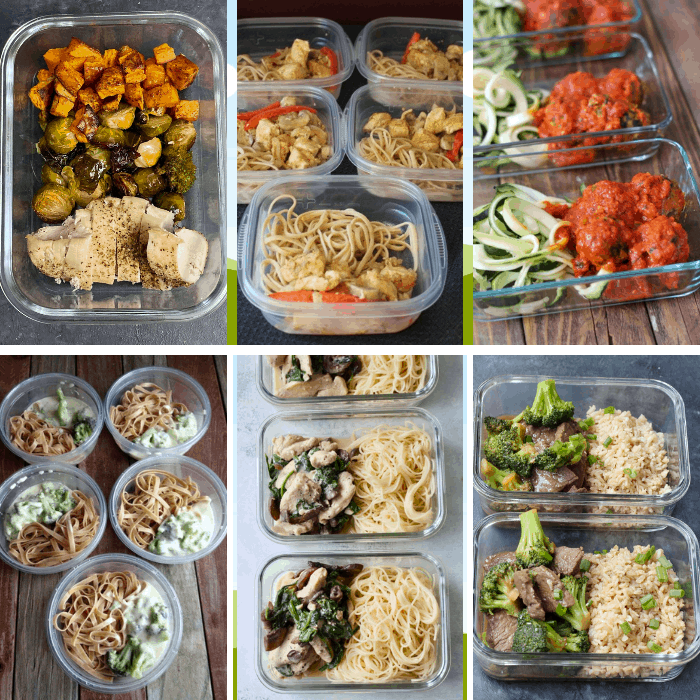 collage of meal prep bowls