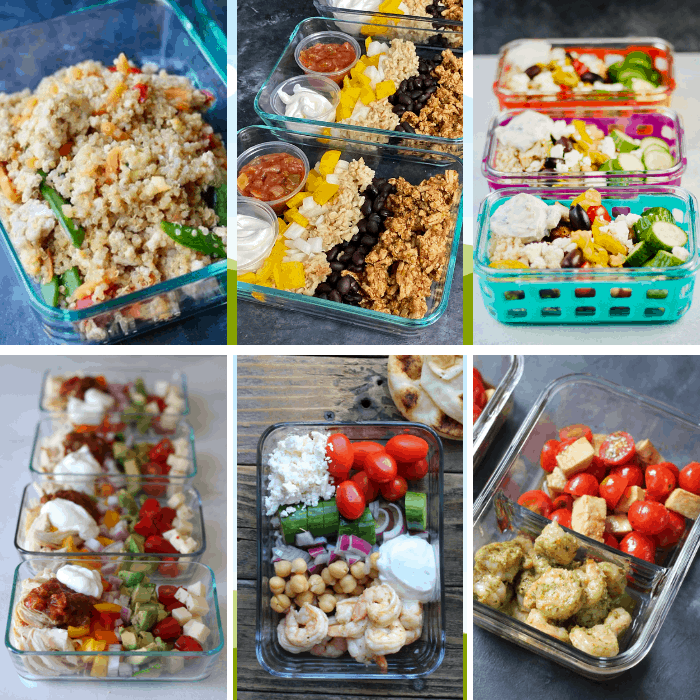 six pictures of meal prep bowls