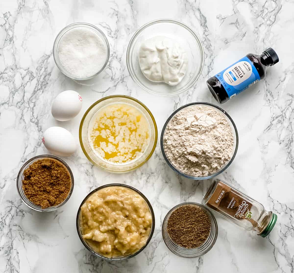 Ingredients to make easy healthy banana bread with yogurt.