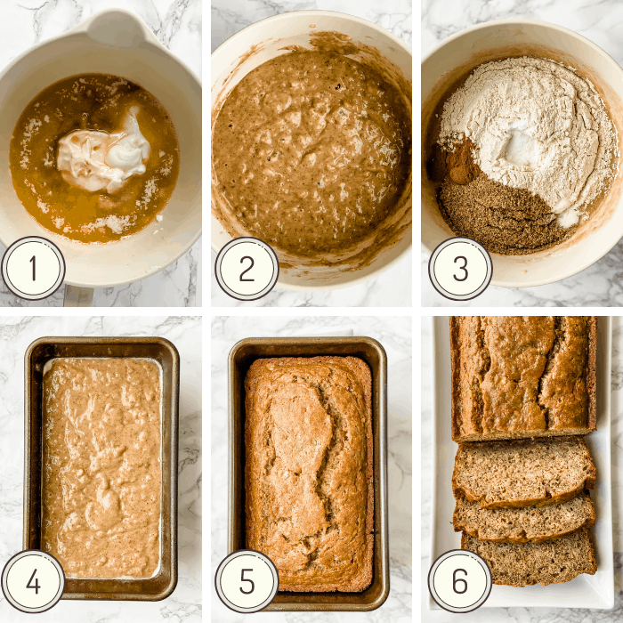 step by step collage showing how t make healthy banana bread.