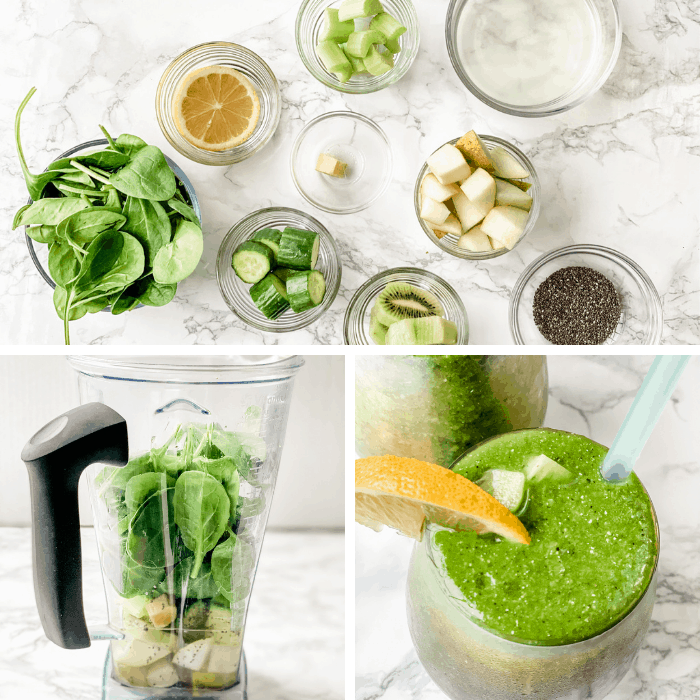 step by step photos showing how to make a green smoothie