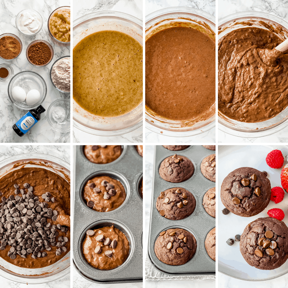 step by step collage showing how to make banana chocolate muffins.