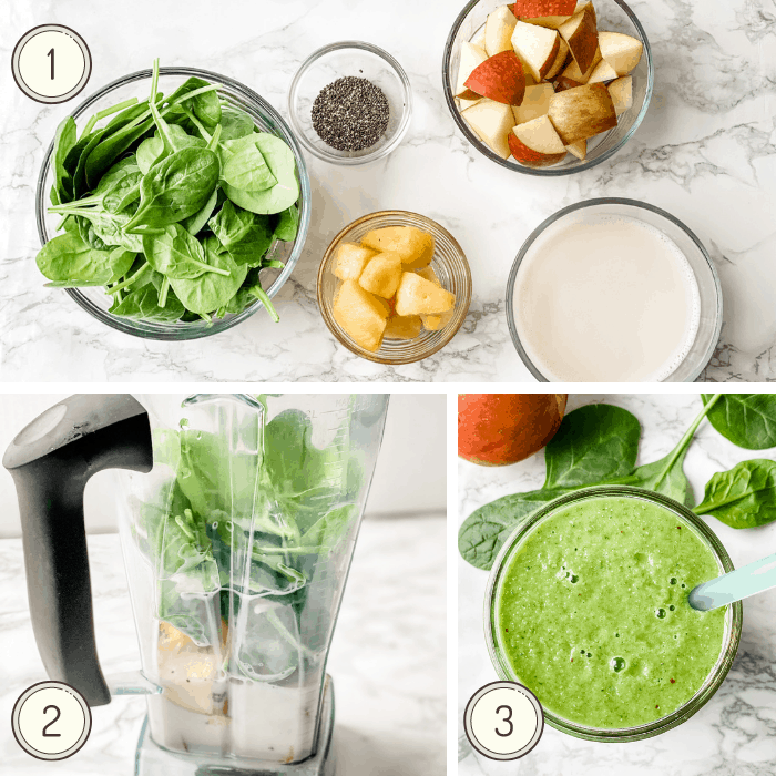 step by step picture instructions for making a spinach smoothie