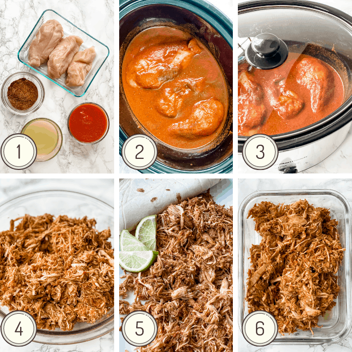 collage showing how to make mexican shredded chicken.