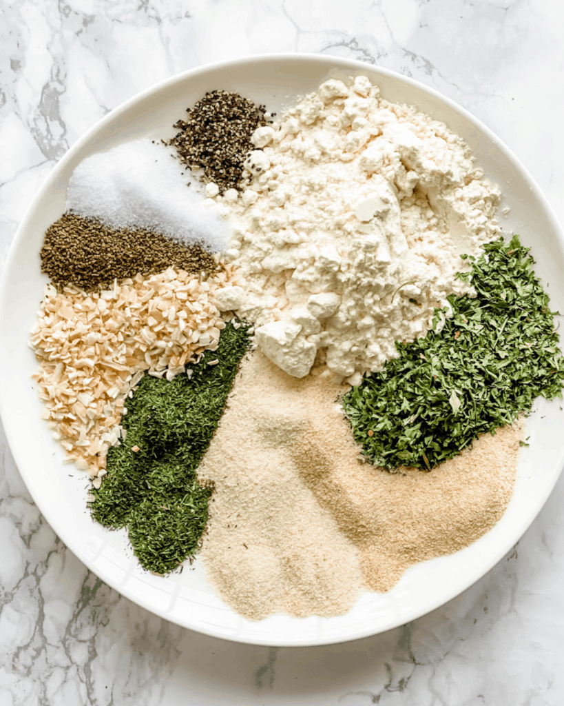 a plate with all the spice for ranch seasoning.