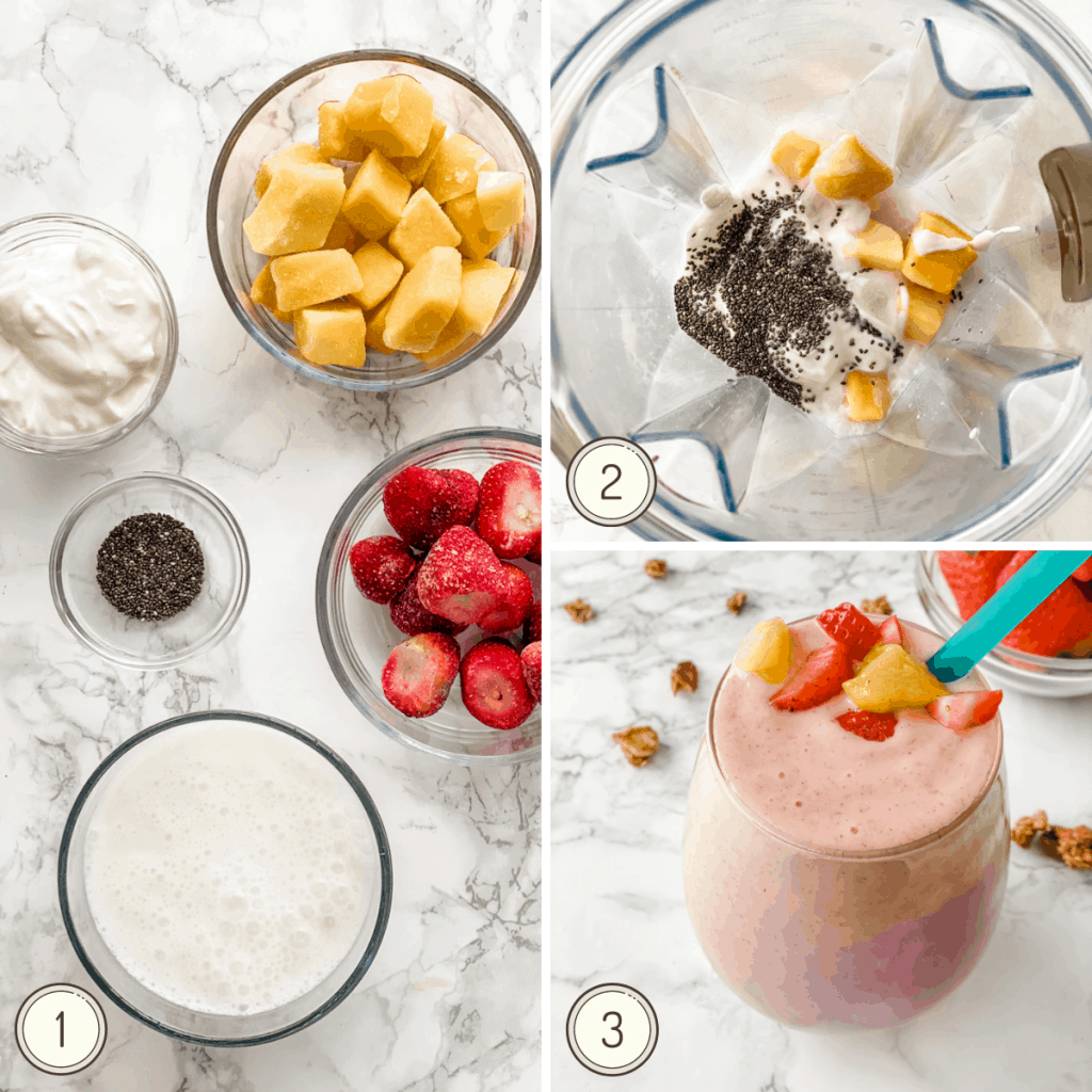 step by step collage for making a strawberry mango smoothie