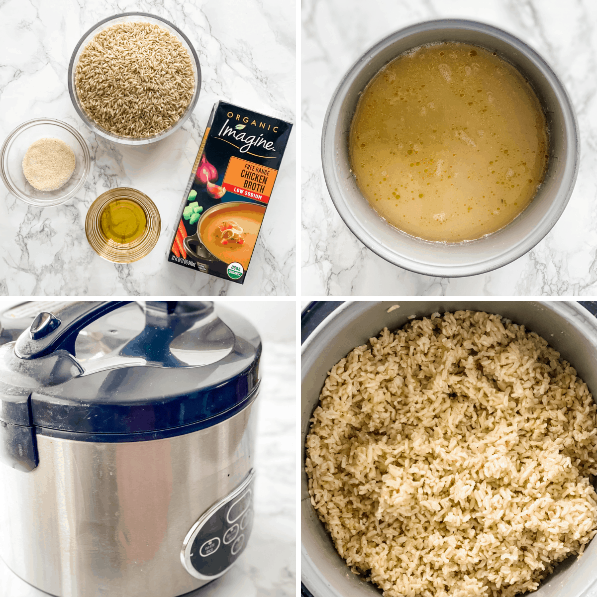 step by step collage for making brown rice in a rice cooker