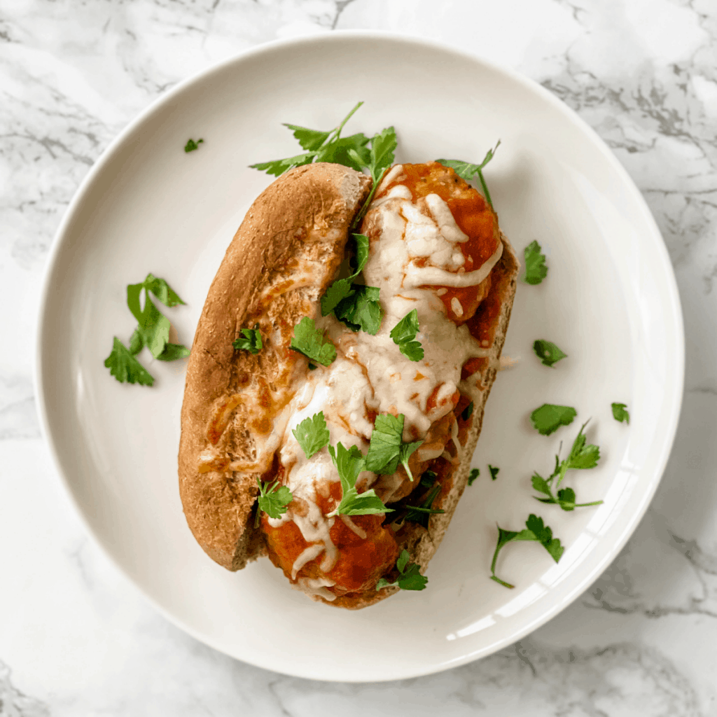 healthy turkey meatball subs in a whole wheat hotdog roll with sauce and melted cheese.