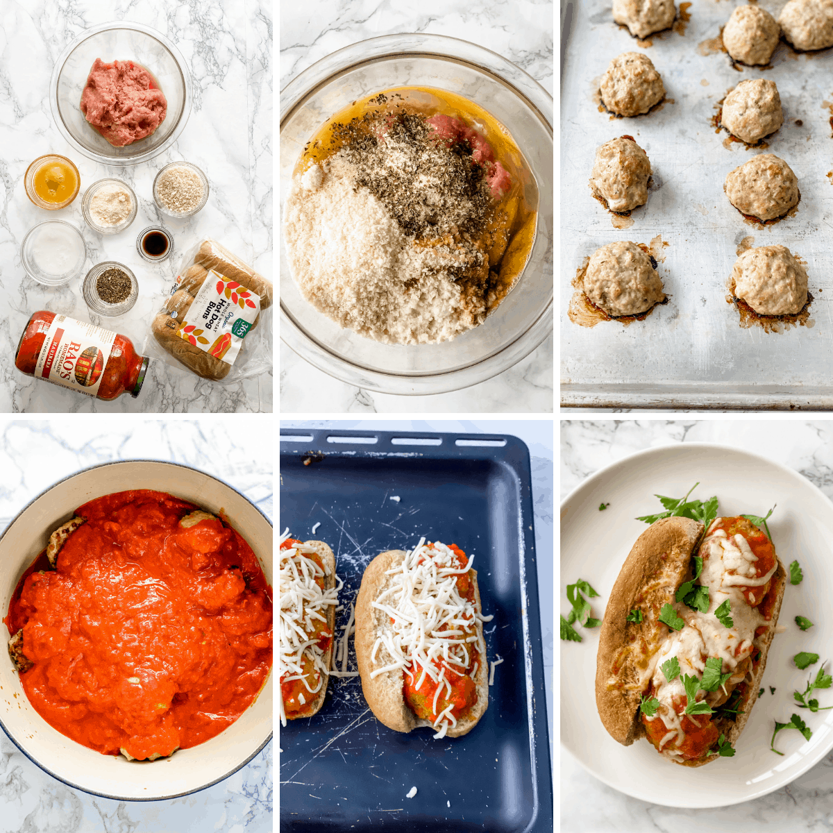 step by step collage showing how to make turkey meatball subs