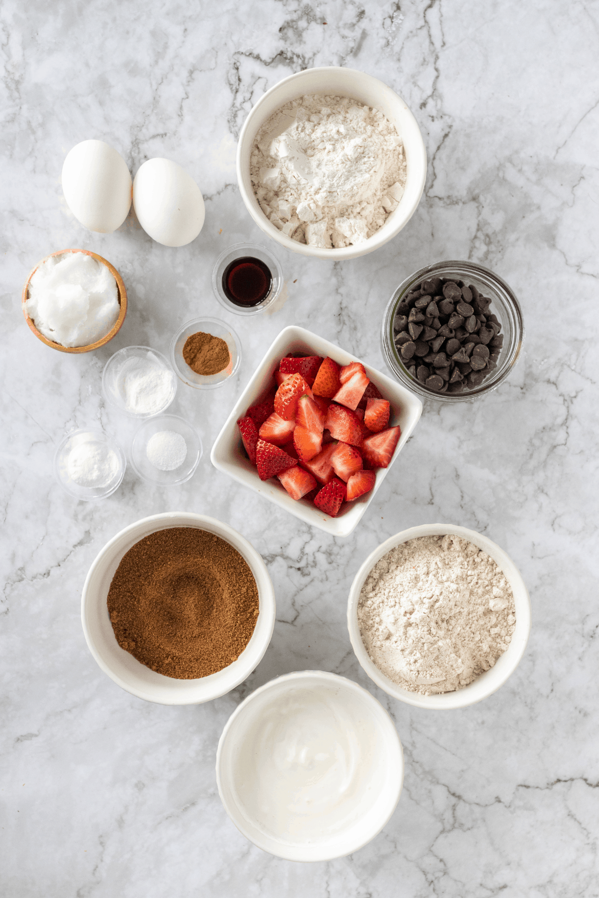 ingredients to make strawberry muffins with chocolate chips