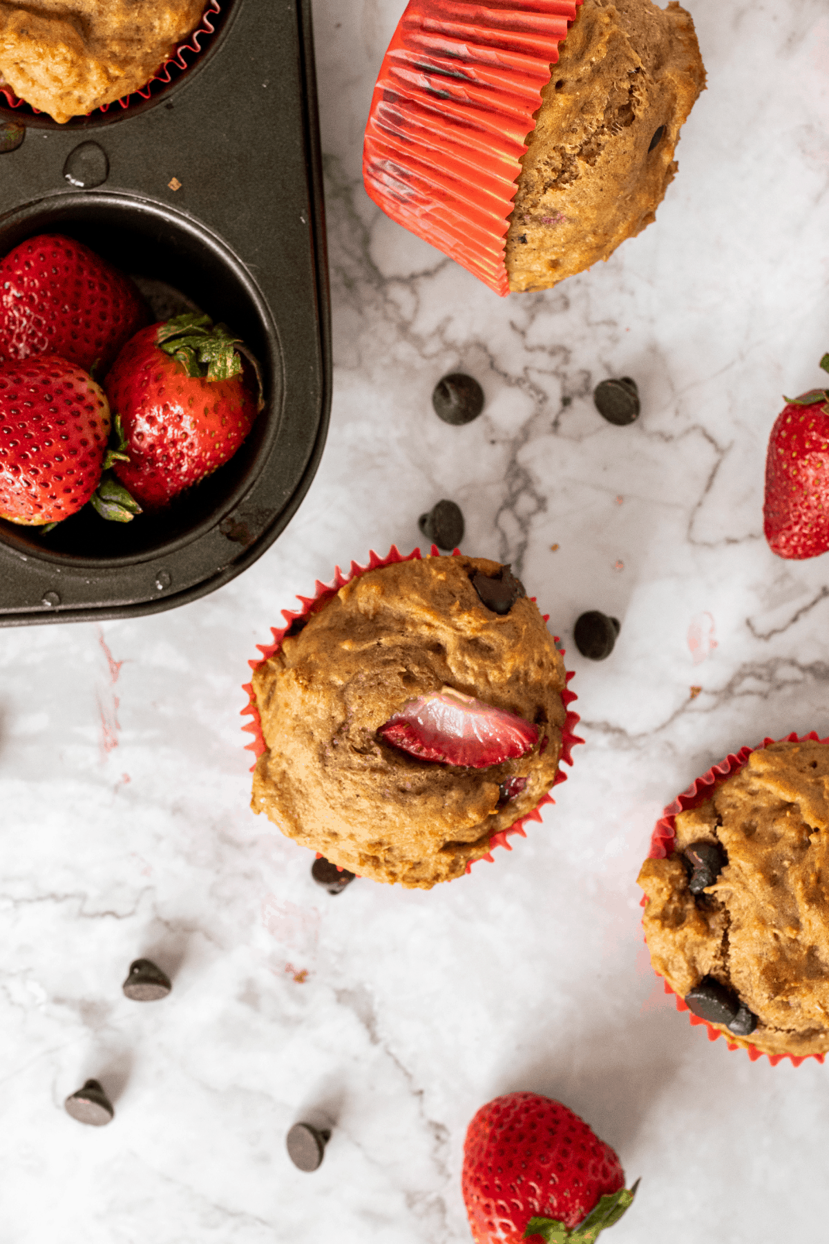 strawberry muffins made with chocolate chips. 