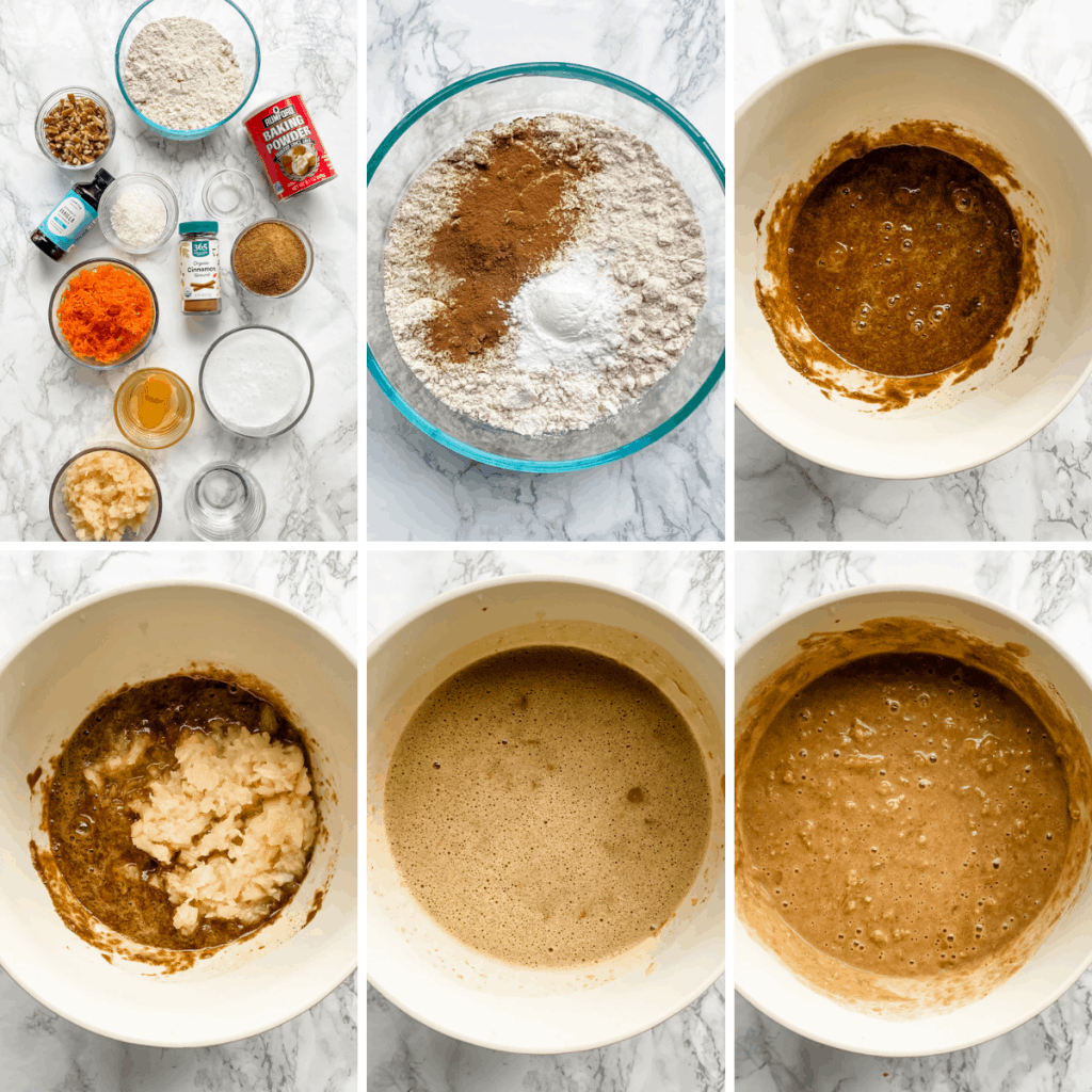 step by step collage showing how to make carrot cake muffins