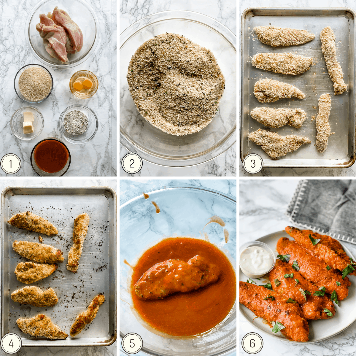 step by step collage showing how to make buffalo chicken tenders.