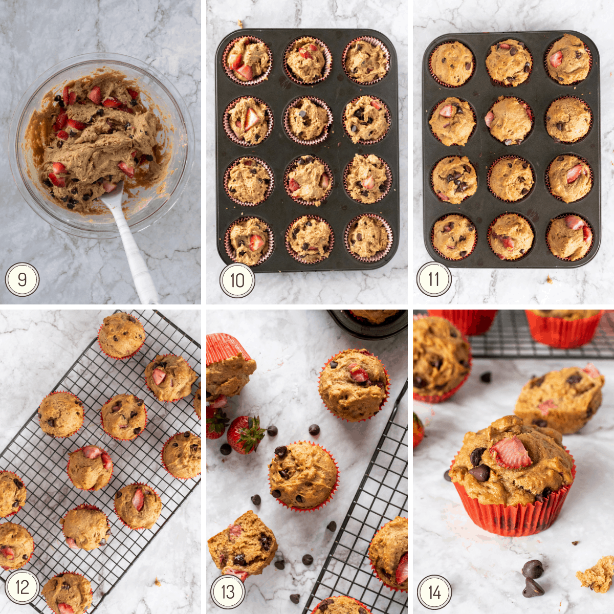 step by step collage showing you the steps for baking and cooling the strawberry muffins made with Greek yogurt and chocolate chips.