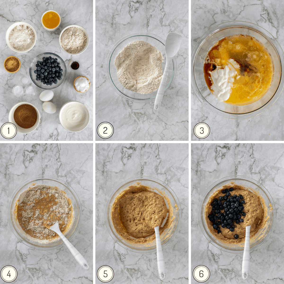 step by step collage to make blueberry greek muffins