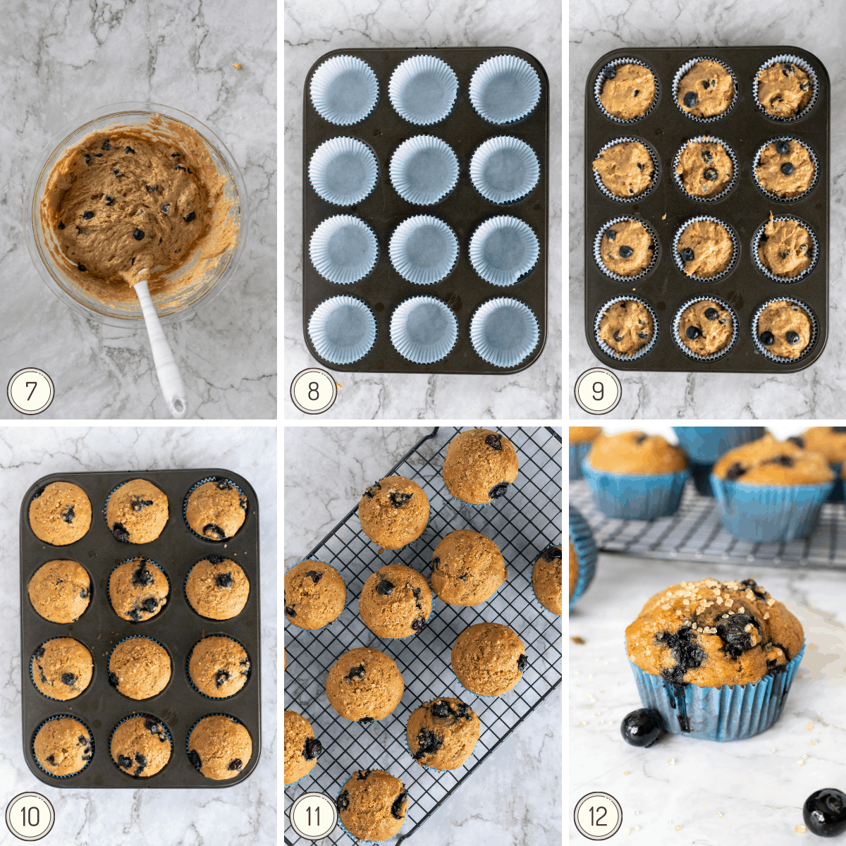 the last step by step collage to make blueberry muffins