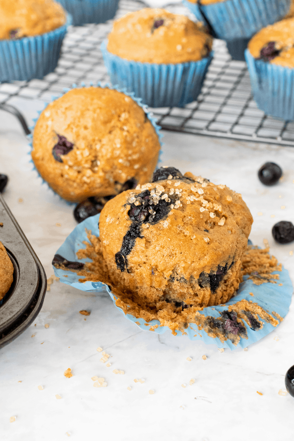 blueberry muffin in a cupcake liner with more muffins behind it.