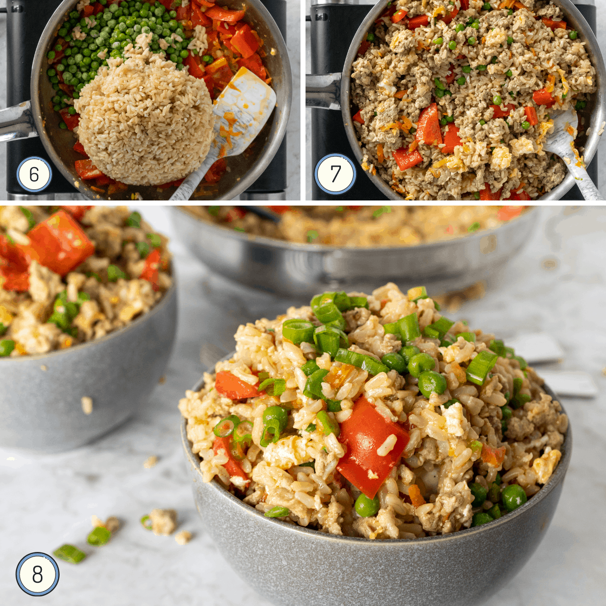 the last steps for making turkey fried rice.
