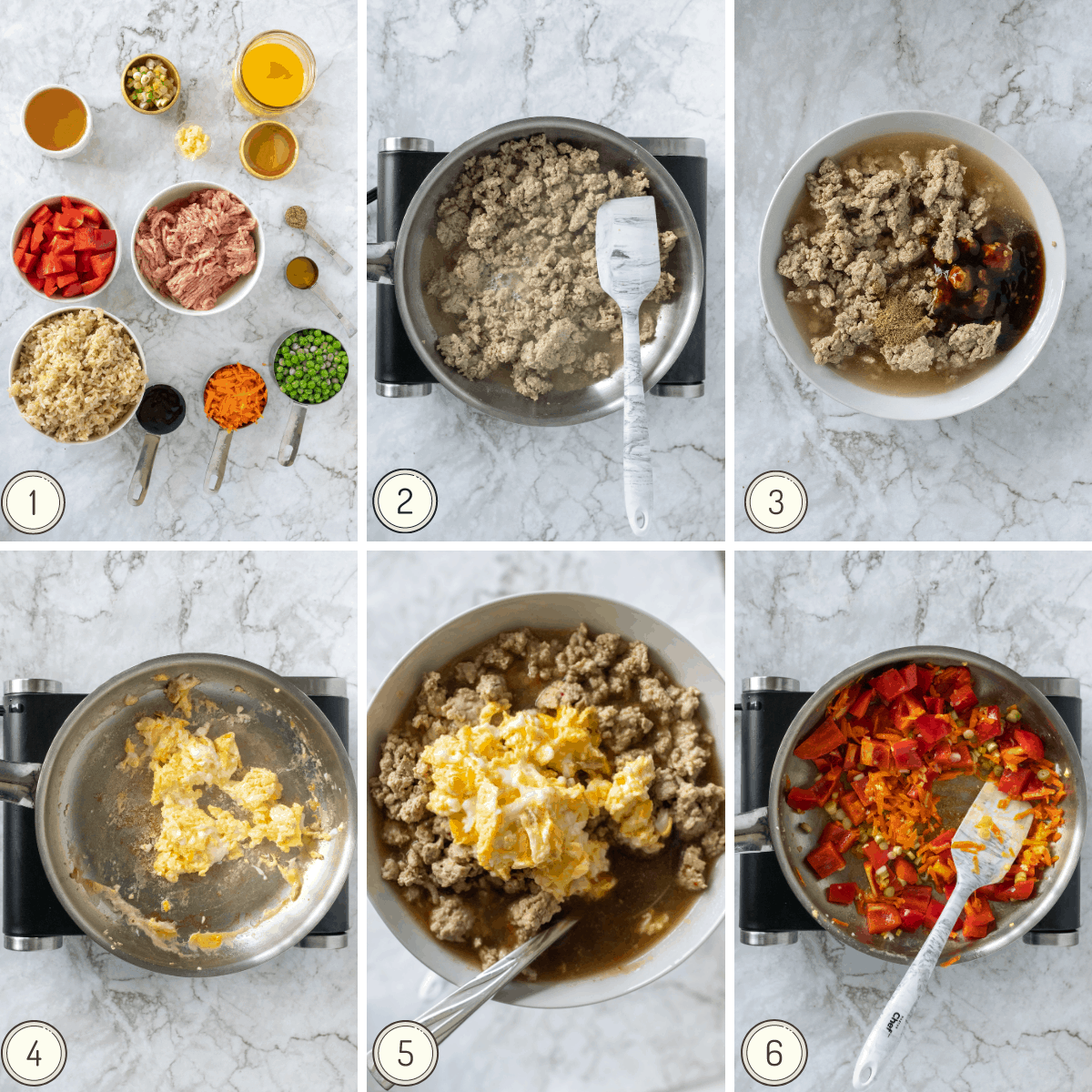 step by step collage showing how to make fried rice with ground turkey.