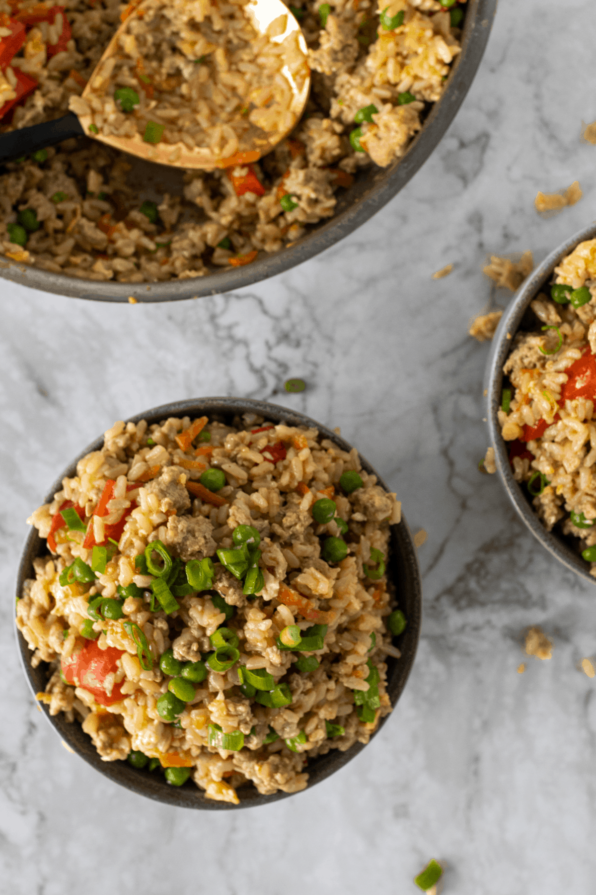 a picture of turkey fried rice from the top.