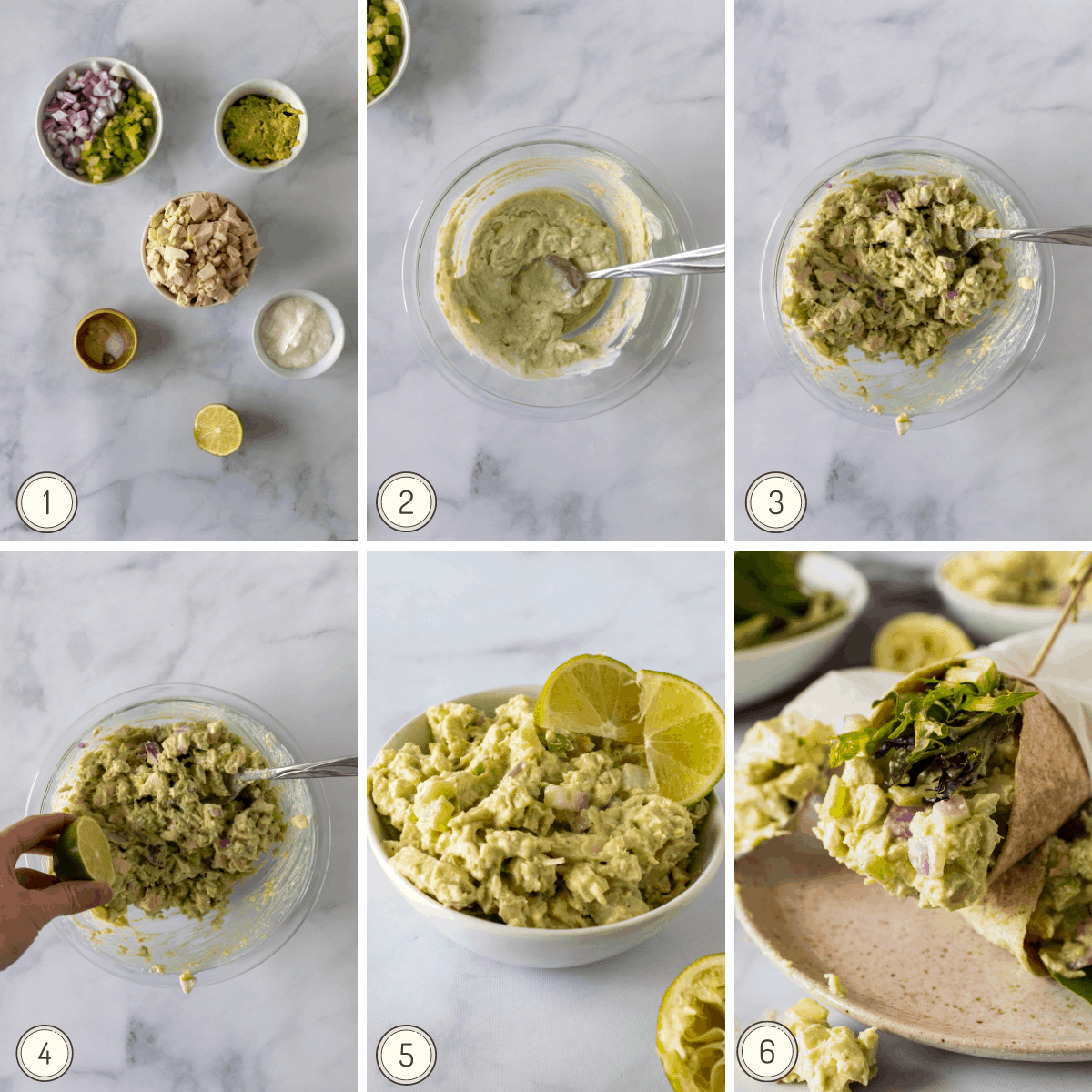 step by step collage showing how to make Greek yogurt chicken salad.