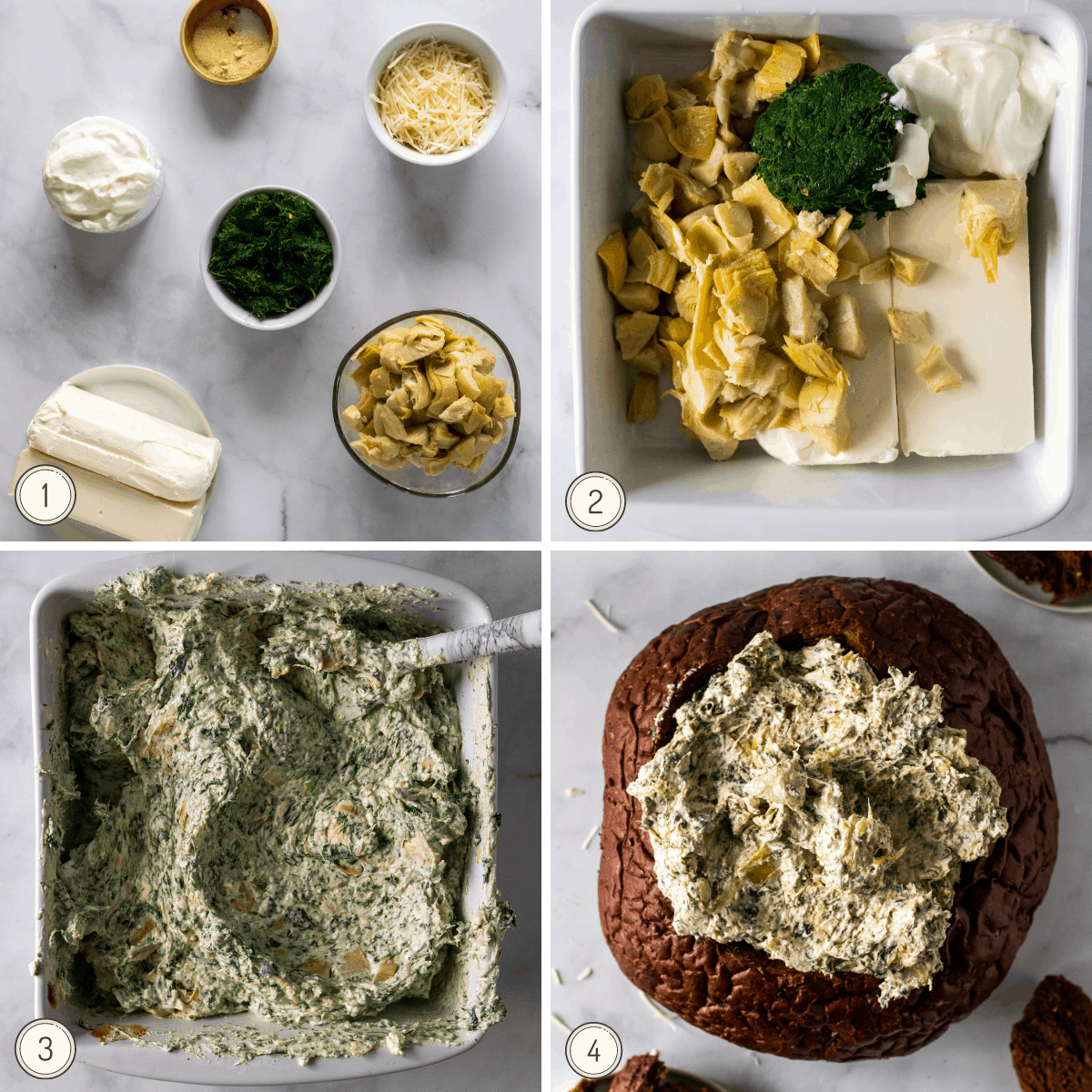 step by step on making a healthy spinach artichoke dip