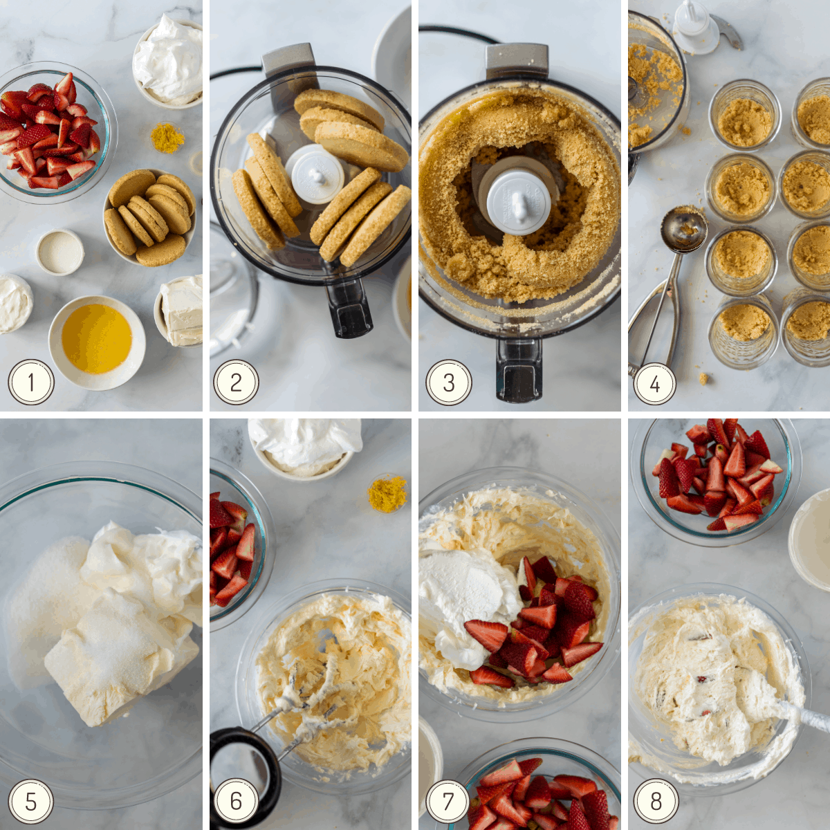 step by step collage showing how to make no-bake strawberry cheesecake layered into mason jars.