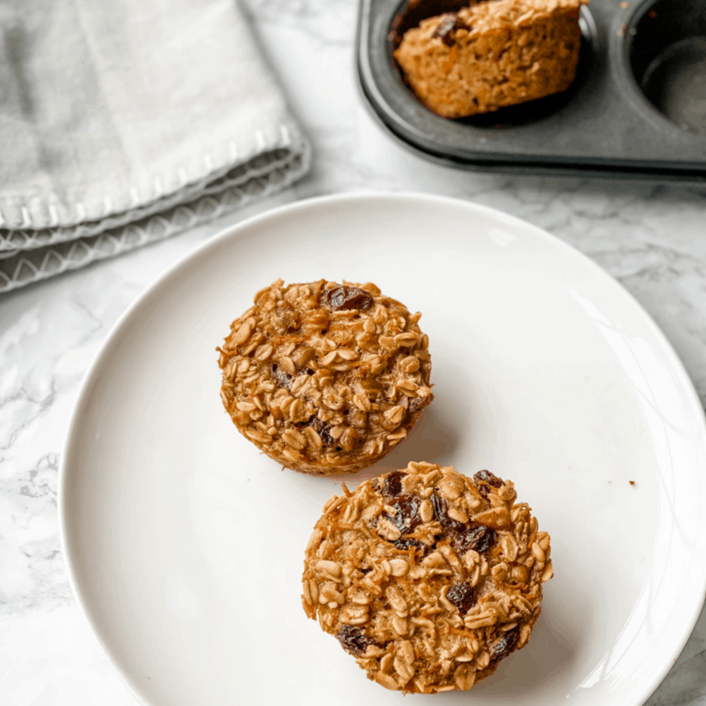 two carrot cake baked oatmeal cups on a plate with a muffin pan of oatmeal cups next to it.
