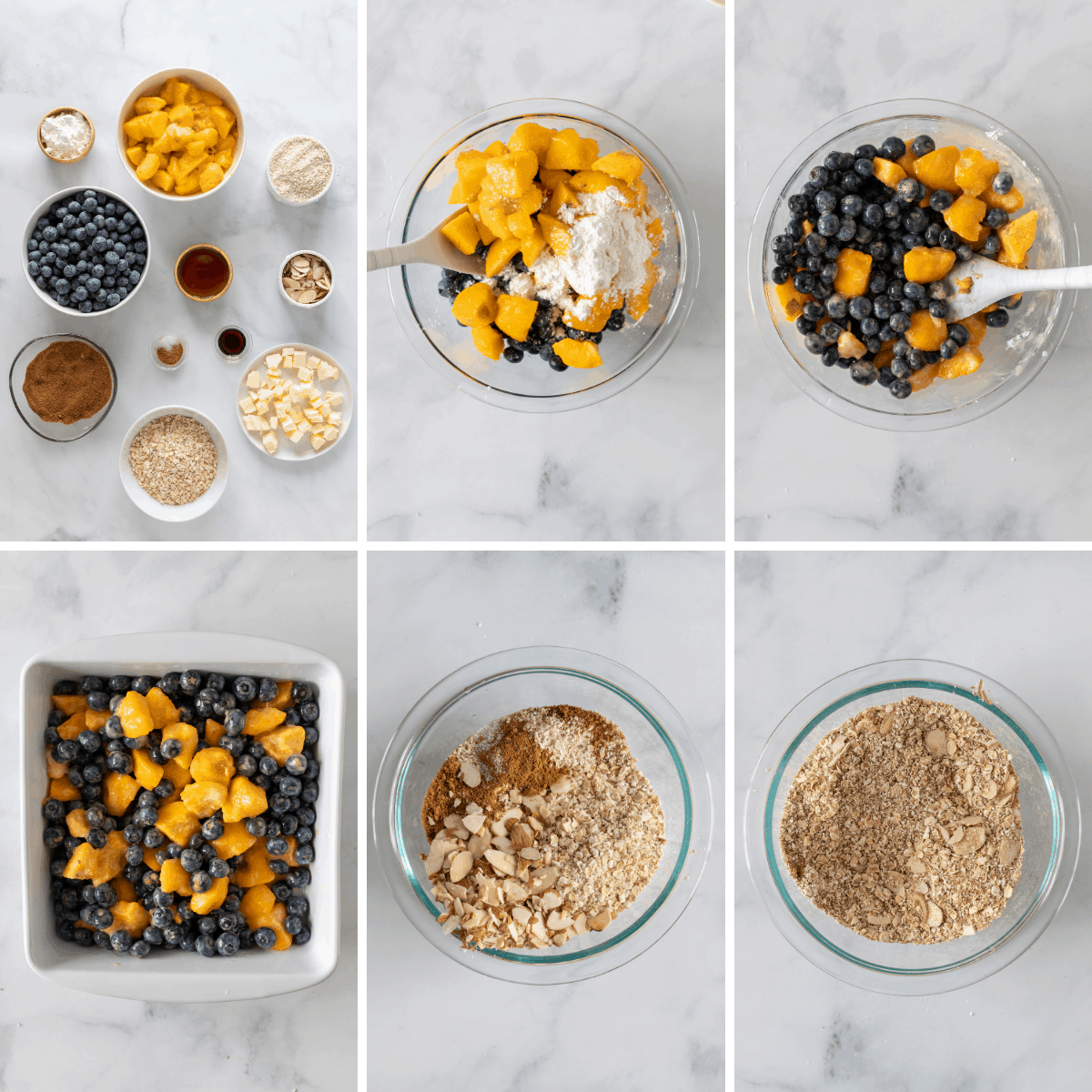 step by step collage showing how to make blueberry peach crisp